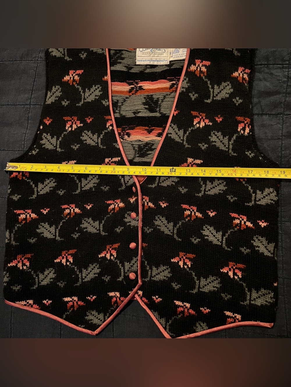Vtg 80s Susan Bristol 100% Pure Wool Pin Black Floral Cottagecore Vest Size Med - Picture 4 of 7